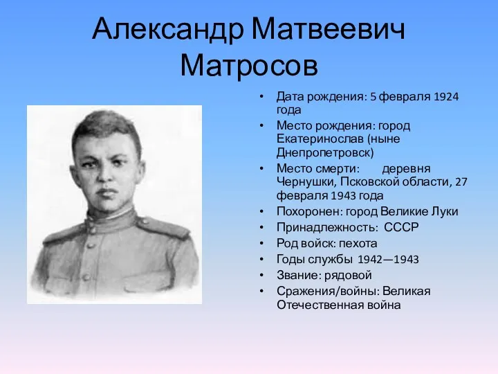 Александр Матвеевич Матросов Дата рождения: 5 февраля 1924 года Место