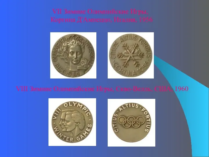 VII Зимние Олимпийские Игры, Кортина Д'Ампеццо, Италия, 1956 VIII Зимние Олимпийские Игры, Скво-Велль, США, 1960