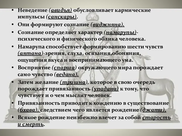 Неведение (авидья) обусловливает кармические импульсы (санскары). Они формируют сознание (виджняна).