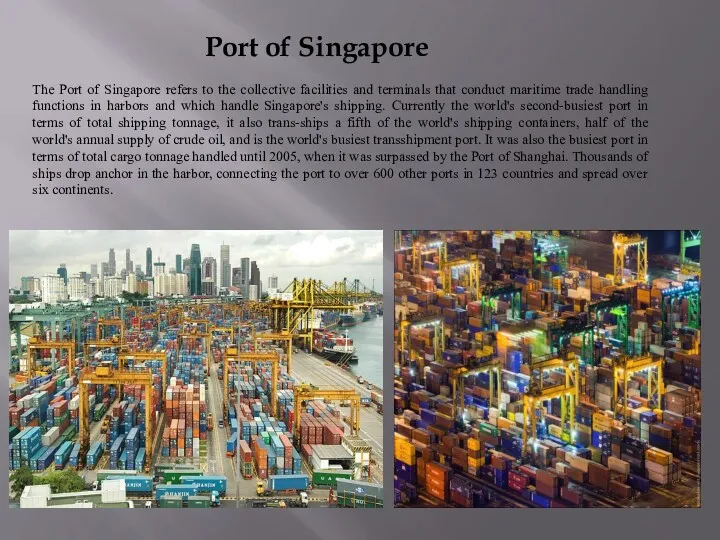 Port of Singapore The Port of Singapore refers to the collective facilities and