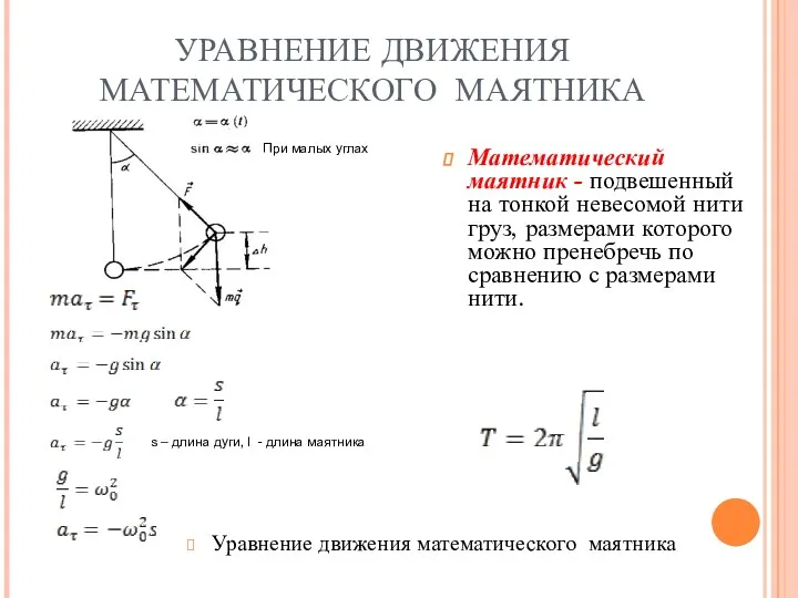 УРАВНЕНИЕ ДВИЖЕНИЯ МАТЕМАТИЧЕСКОГО МАЯТНИКА Уравнение движения математического маятника Математический маятник - подвешенный на