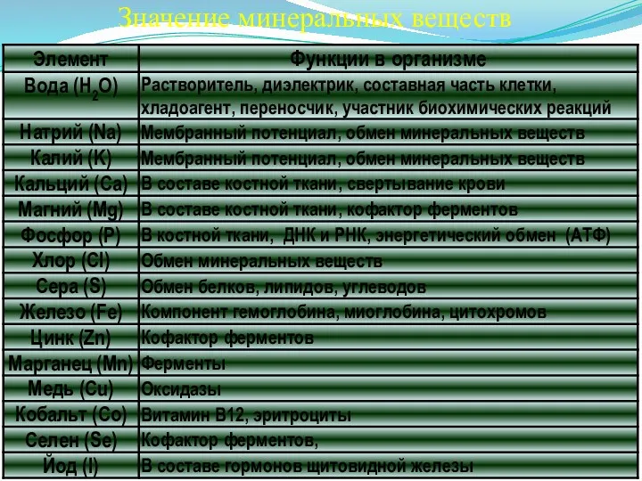 Значение минеральных веществ