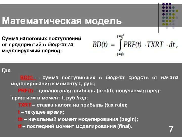 Математическая модель Сумма налоговых поступлений от предприятий в бюджет за