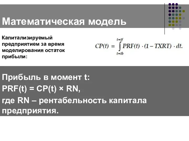 Математическая модель Капитализируемый предприятием за время моделирования остаток прибыли: Прибыль