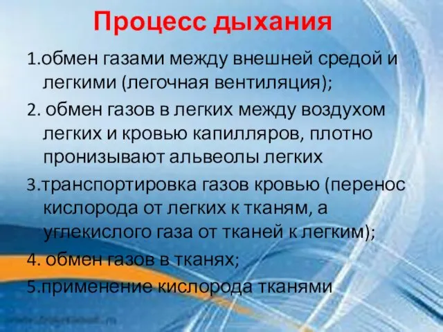 Процесс дыхания 1.обмен газами между внешней средой и легкими (легочная