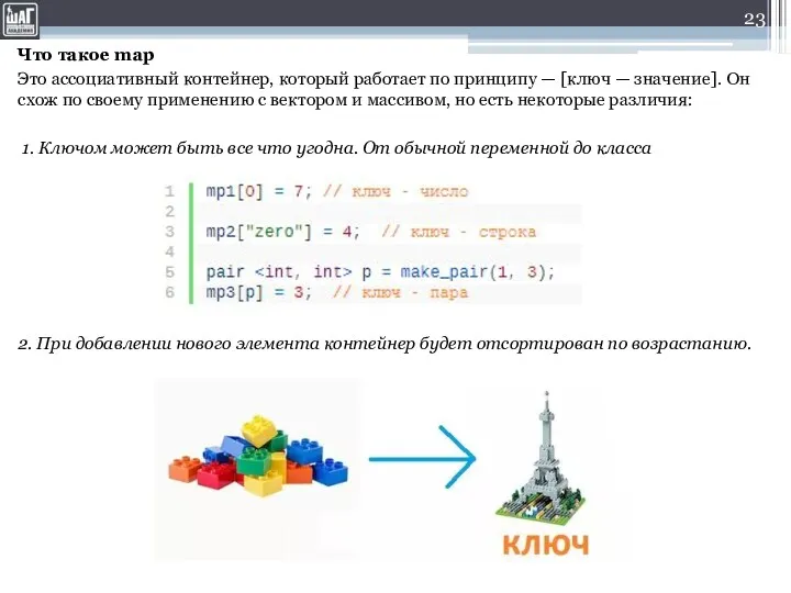 Что такое map Это ассоциативный контейнер, который работает по принципу