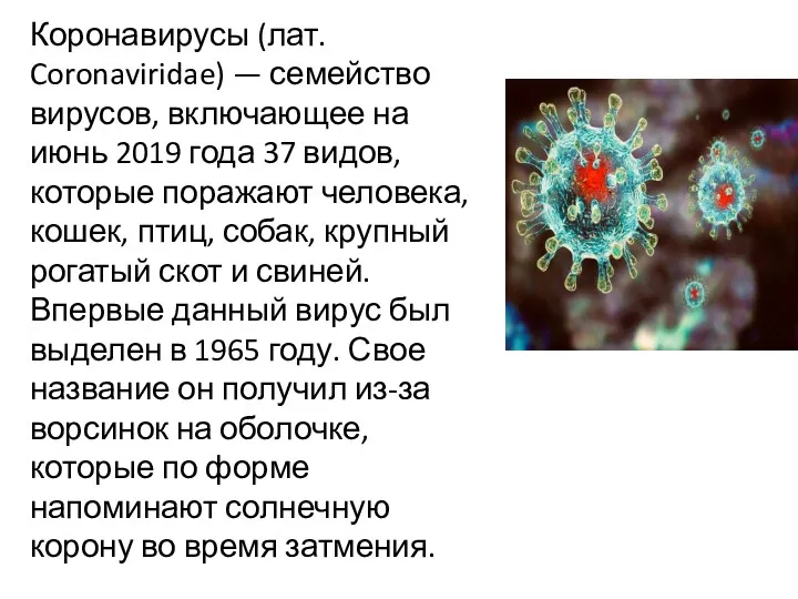 Коронавирусы (лат. Coronaviridae) — семейство вирусов, включающее на июнь 2019