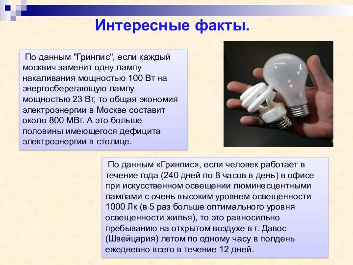 По данным "Гринпис", если каждый москвич заменит одну лампу накаливания мощностью 100 Вт