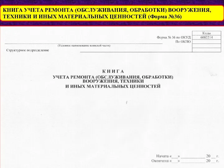 КНИГА УЧЕТА РЕМОНТА (ОБСЛУЖИВАНИЯ, ОБРАБОТКИ) ВООРУЖЕНИЯ, ТЕХНИКИ И ИНЫХ МАТЕРИАЛЬНЫХ ЦЕННОСТЕЙ (Форма №36)