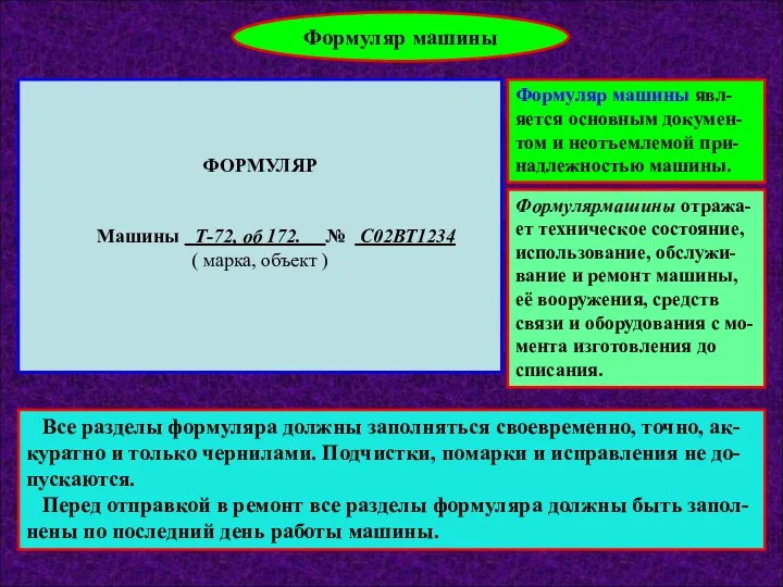 ФОРМУЛЯР Машины Т-72, об 172. № С02ВТ1234 ( марка, объект