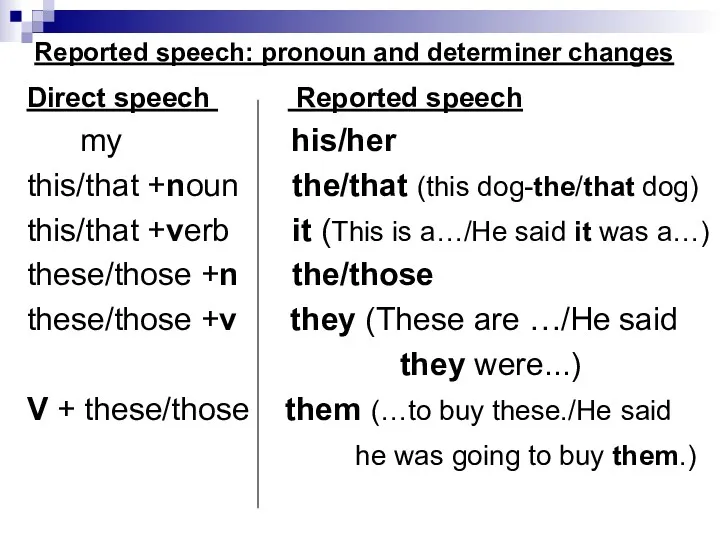 Reported speech: pronoun and determiner changes Direct speech Reported speech my his/her this/that