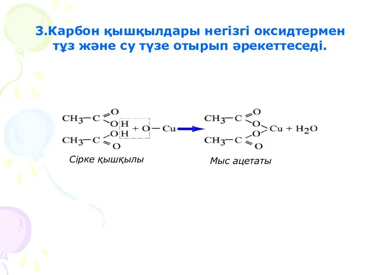 3.Карбон қышқылдары негізгі оксидтермен тұз және су түзе отырып әрекеттеседі. Сірке қышқылы Мыс ацетаты