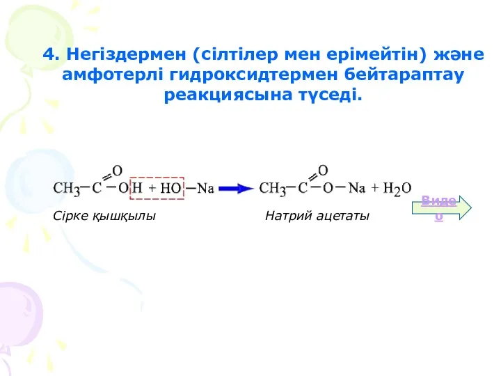 4. Негіздермен (сілтілер мен ерімейтін) және амфотерлі гидроксидтермен бейтараптау реакциясына түседі. Видео Сірке қышқылы Натрий ацетаты