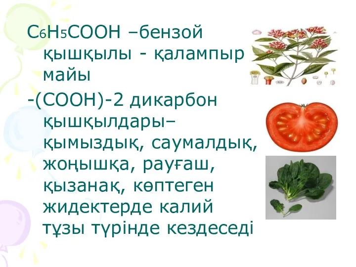 С6Н5СООН –бензой қышқылы - қалампыр майы -(СООН)-2 дикарбон қышқылдары– қымыздық,