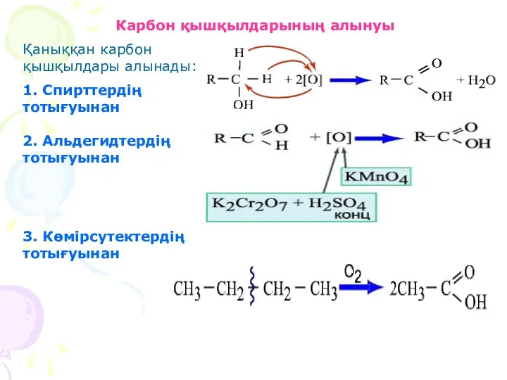 Карбон қышқылдарының алынуы Қаныққан карбон қышқылдары алынады: 1. Спирттердің тотығуынан 2. Альдегидтердің тотығуынан 3. Көмірсутектердің тотығуынан