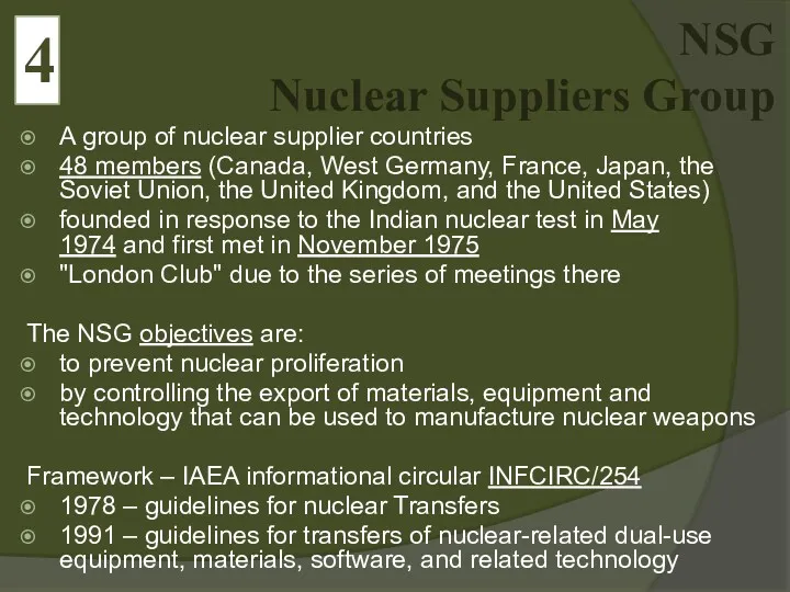 NSG Nuclear Suppliers Group A group of nuclear supplier countries