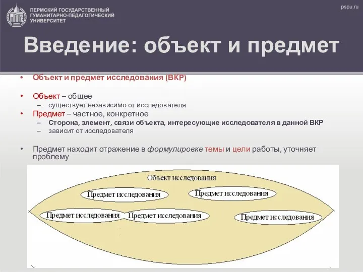 Введение: объект и предмет Объект и предмет исследования (ВКР) Объект