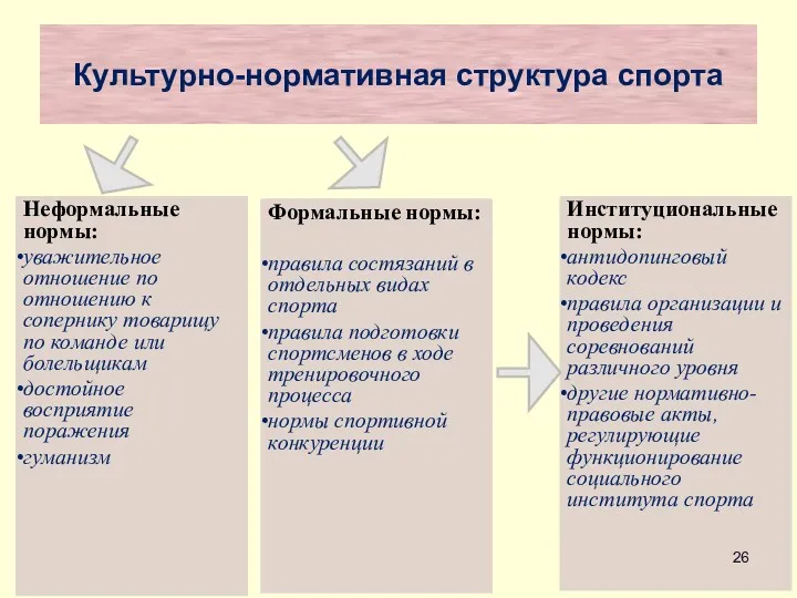 Культурно-нормативная структура спорта Неформальные нормы: уважительное отношение по отношению к