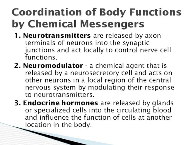 1. Neurotransmitters are released by axon terminals of neurons into