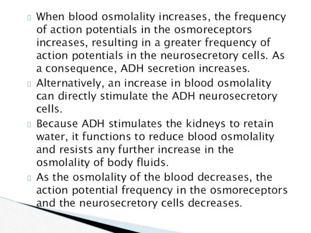 When blood osmolality increases, the frequency of action potentials in
