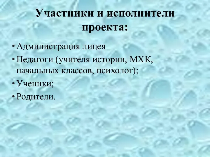 Участники и исполнители проекта: Администрация лицея Педагоги (учителя истории, МХК, начальных классов, психолог); Ученики; Родители.