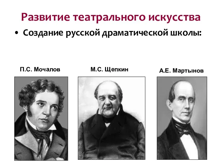 Развитие театрального искусства Создание русской драматической школы: А.Е. Мартынов П.С. Мочалов М.С. Щепкин