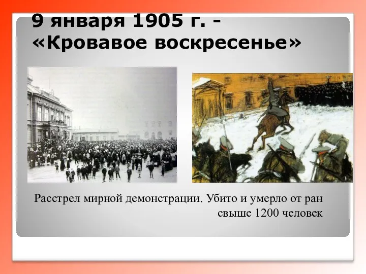 9 января 1905 г. - «Кровавое воскресенье» Расстрел мирной демонстрации.