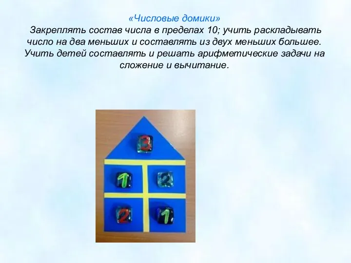 «Числовые домики» Закреплять состав числа в пределах 10; учить раскладывать