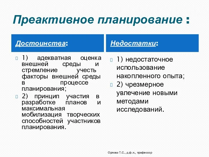 Преактивное планирование : Достоинства: Недостатки: 1) адекватная оценка внешней среды