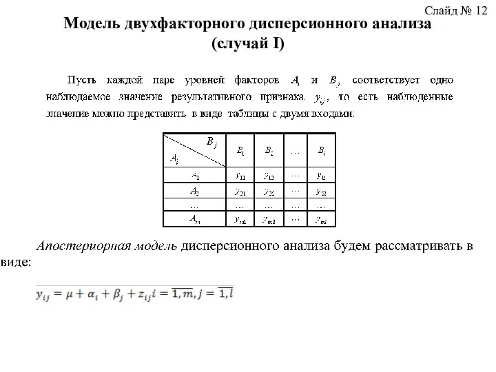 Модель двухфакторного дисперсионного анализа (случай I) Слайд № 12