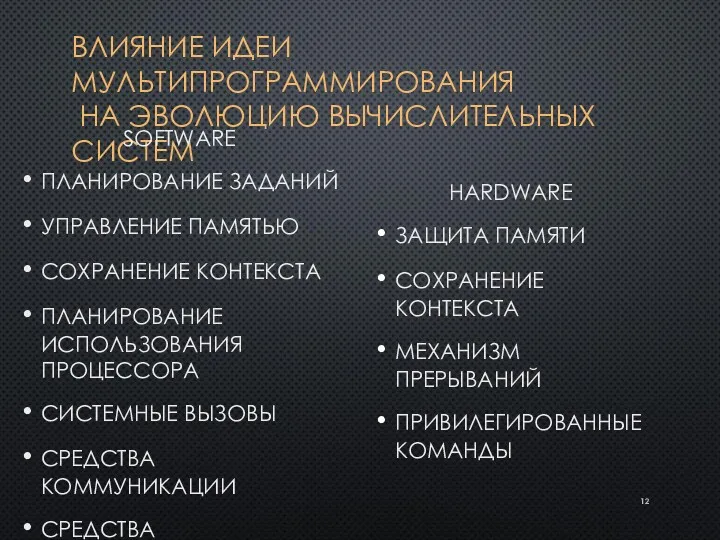 ВЛИЯНИЕ ИДЕИ МУЛЬТИПРОГРАММИРОВАНИЯ НА ЭВОЛЮЦИЮ ВЫЧИСЛИТЕЛЬНЫХ СИСТЕМ SOFTWARE ПЛАНИРОВАНИЕ ЗАДАНИЙ