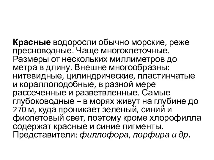 Красные водоросли обычно морские, реже пресноводные. Чаще многоклеточные. Размеры от