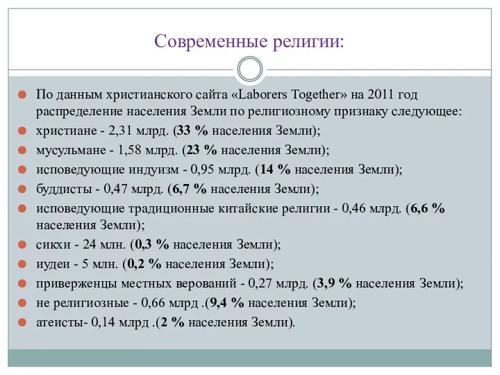 Современные религии: По данным христианского сайта «Laborers Together» на 2011