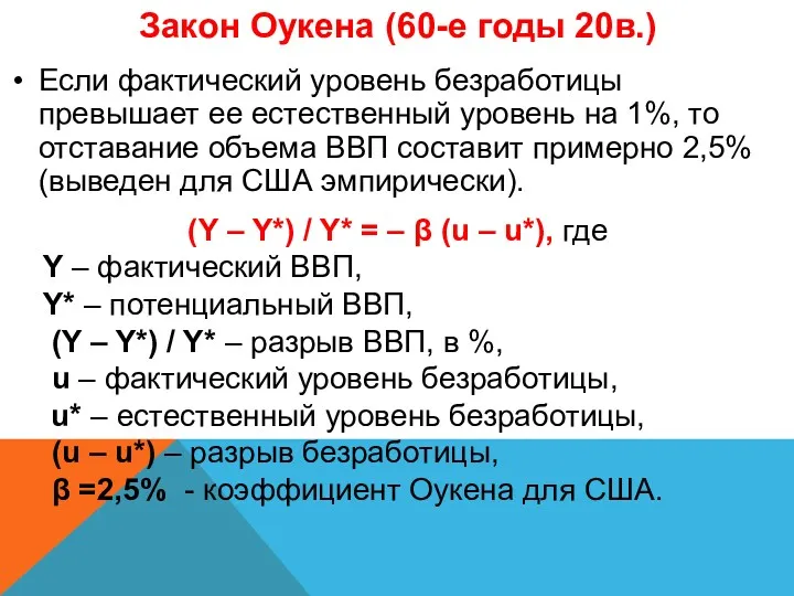 Закон Оукена (60-е годы 20в.) Если фактический уровень безработицы превышает