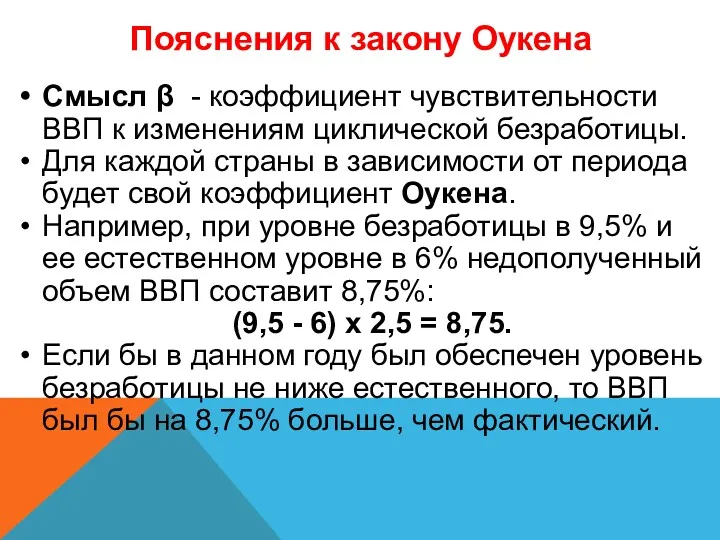 Пояснения к закону Оукена Смысл β - коэффициент чувствительности ВВП