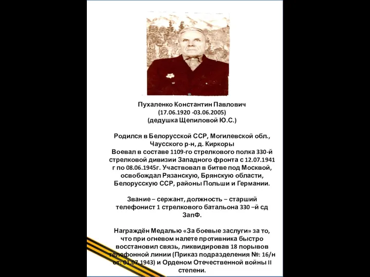 Щербинин Иван Сергеевич (1918-2009гг) (Прадедушка Бородиной В.Ф.) Иван Щербинин начинал