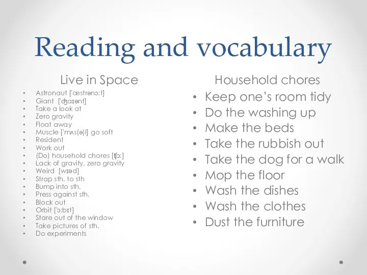 Reading and vocabulary Live in Space Household chores Astronaut ['æstrənɔ:t]