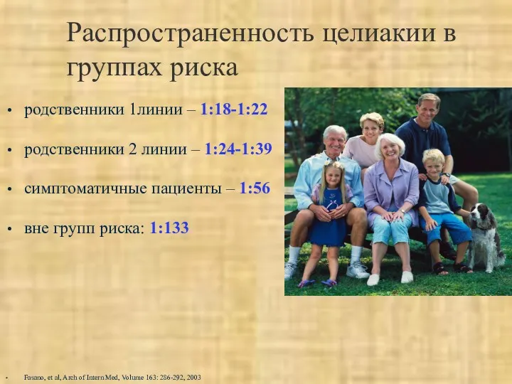 Распространенность целиакии в группах риска родственники 1линии – 1:18-1:22 родственники 2 линии –