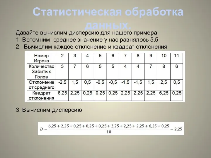 Статистическая обработка данных. Давайте вычислим дисперсию для нашего примера: 1. Вспомним, среднее значение