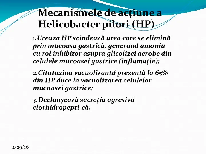 Mecanismele de acţiune a Helicobacter pilori (HP) 1.Ureaza HP scindează urea care se