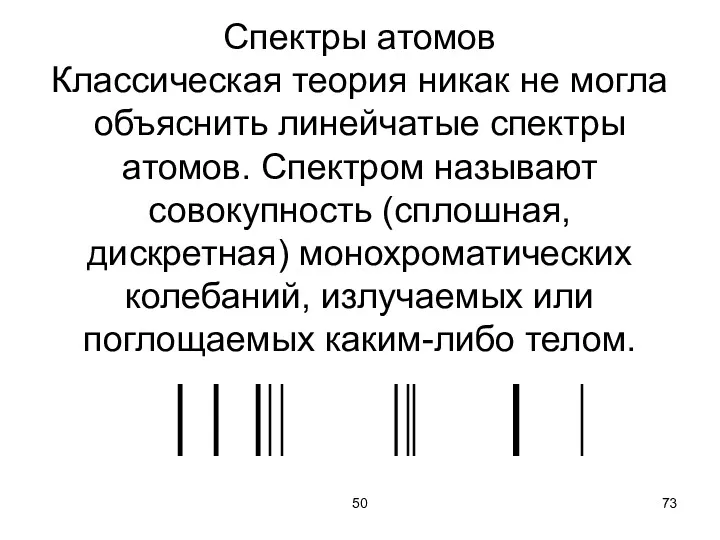 50 Спектры атомов Классическая теория никак не могла объяснить линейчатые