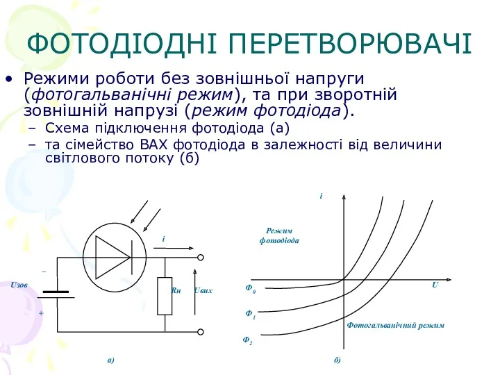 ФОТОДІОДНІ ПЕРЕТВОРЮВАЧІ Режими роботи без зовнішньої напруги (фотогальванічні режим), та