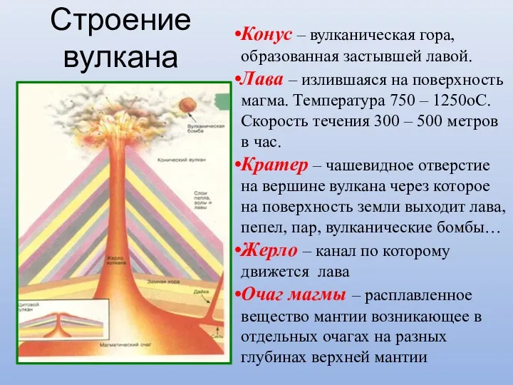 Строение вулкана Конус – вулканическая гора, образованная застывшей лавой. Лава