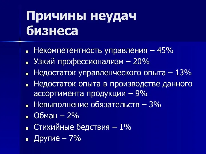 Причины неудач бизнеса Некомпетентность управления – 45% Узкий профессионализм –