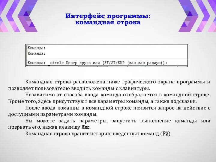 Интерфейс программы: командная строка Командная строка расположена ниже графического экрана