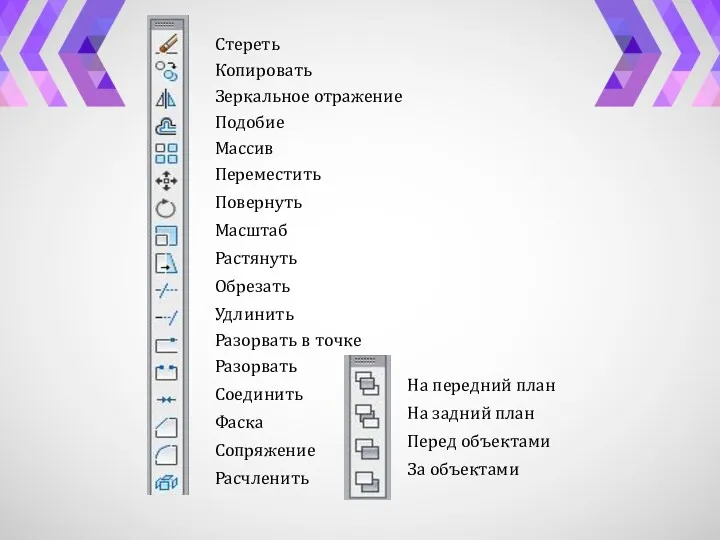 Стереть Копировать Зеркальное отражение Подобие Массив Переместить Повернуть Масштаб Растянуть