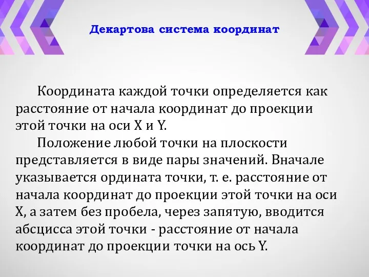 Координата каждой точки определяется как расстояние от начала координат до