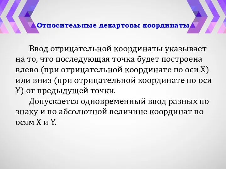 Относительные декартовы координаты Ввод отрицательной координаты указывает на то, что