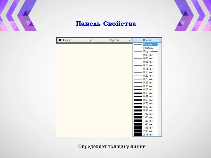 Панель Свойства Определяет толщину линии