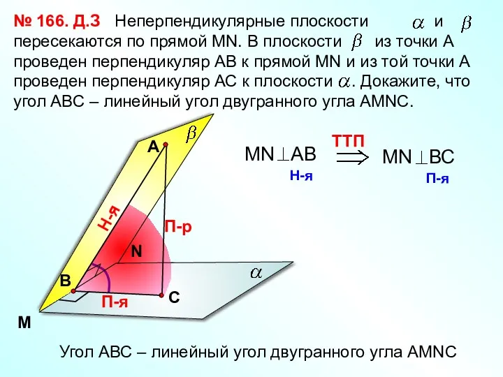 № 166. M N А П-р Н-я П-я Угол АВС – линейный угол двугранного угла АМNC